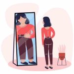 waan: tekening van dunne vrouw voor spiegel, haar spiegelbeeld is dik 