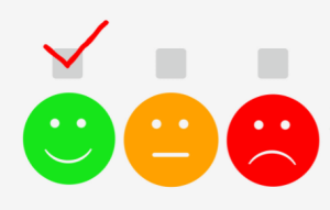 Drie emoticons: groen is blij en tevreden, oranje neutraal en rood is ongelukkig. De groende blije emoticon staat aangevinkt